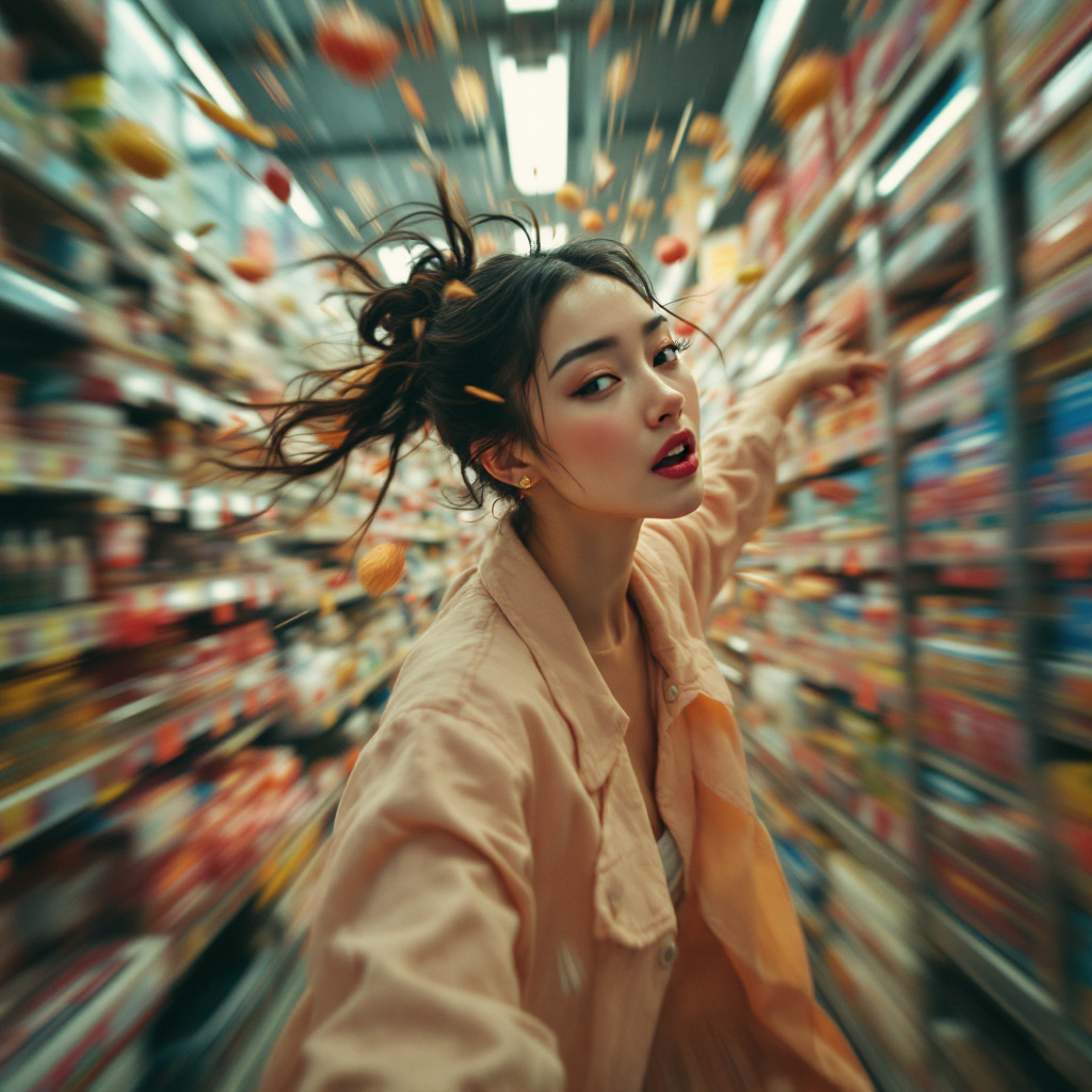 AI generated: FLUX prompt: a woman speeding down the aisle of a supermarket, ... (FLUX - Portraits)