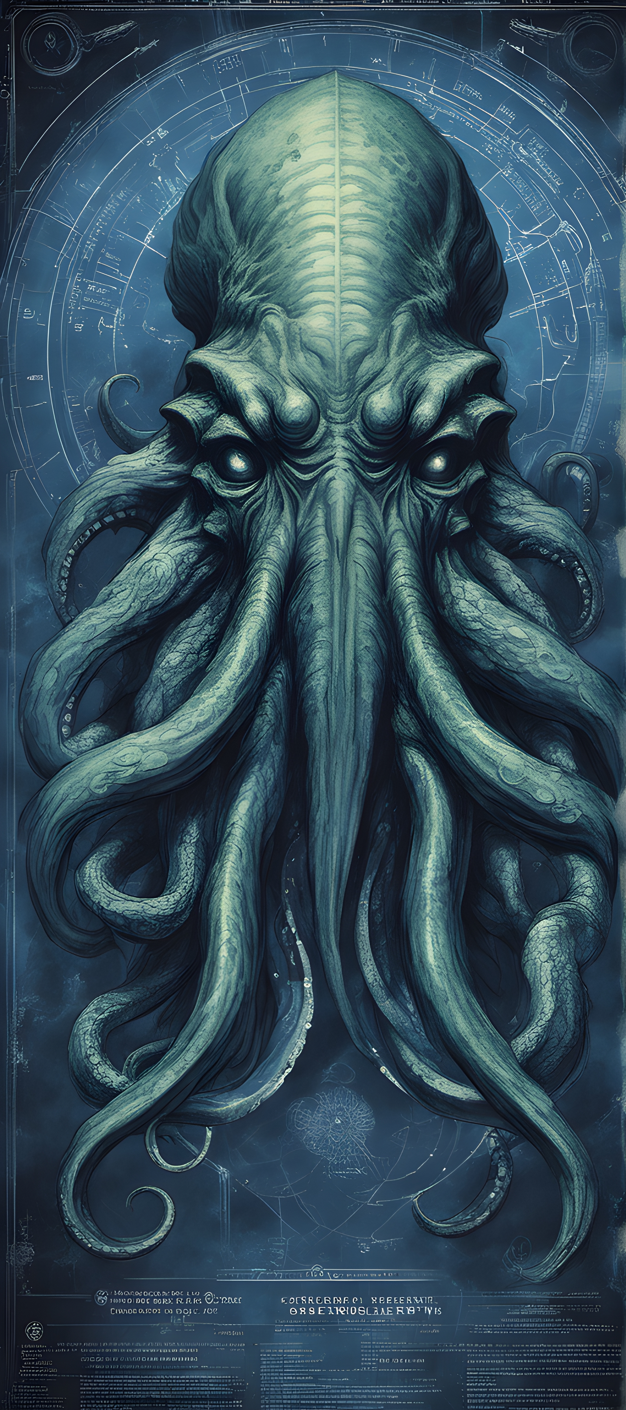 AI generated: Stable Diffusion prompt: Blue print of massive scale Cthulhu, the legendary... (Stable Diffusion - Character Design)