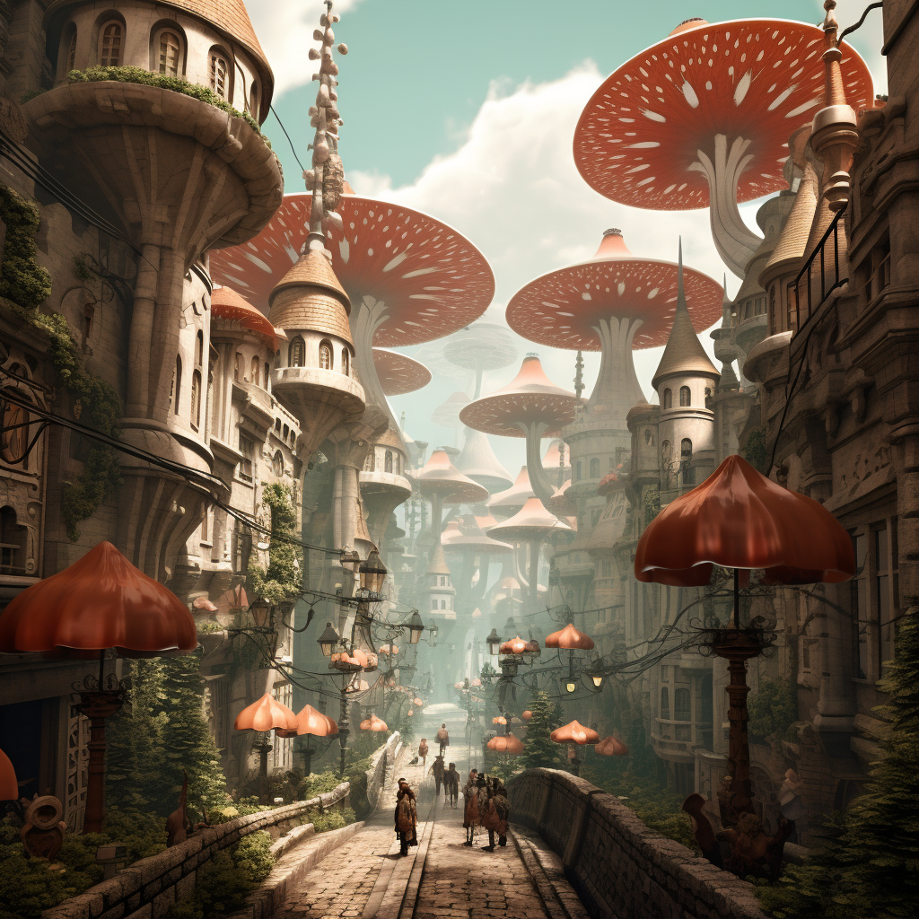 Midjourney prompt: photo of a small city filled with huge mushrooms, ... - Midjourney
