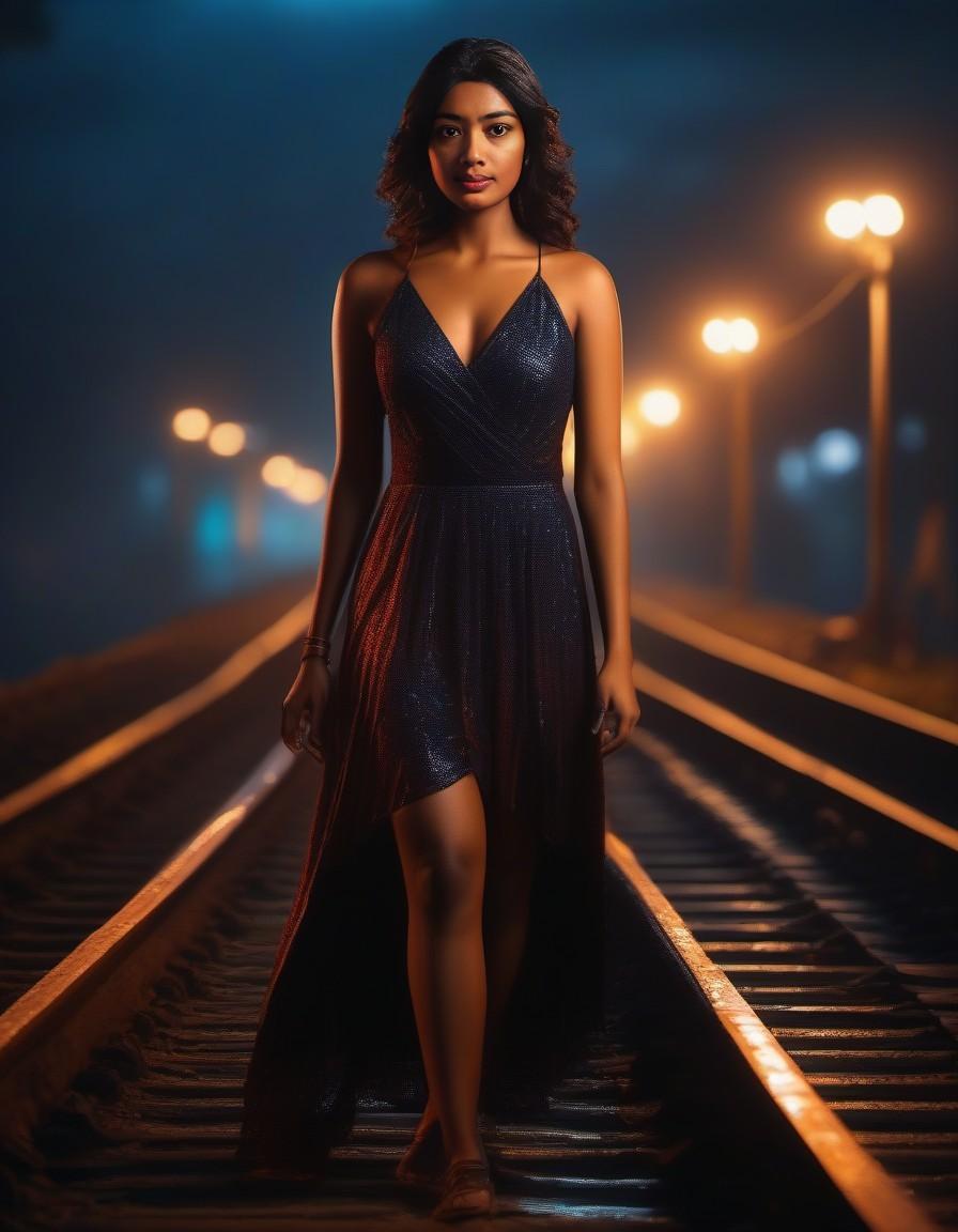 صورة مولدة بالذكاء الاصطناعي: Midjourney prompt: a creepy scary Indian scary lady standing on railw... (نموذج Midjourney - فن ثلاثي الأبعاد)