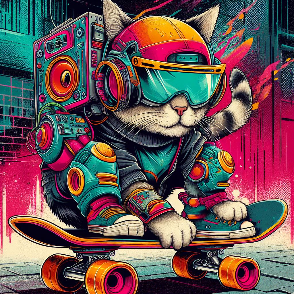 صورة مولدة بالذكاء الاصطناعي: DALL·E prompt: a cool cat skating on a skateboard; wearing a futu... (نموذج DALL·E - فن مفاهيمي)