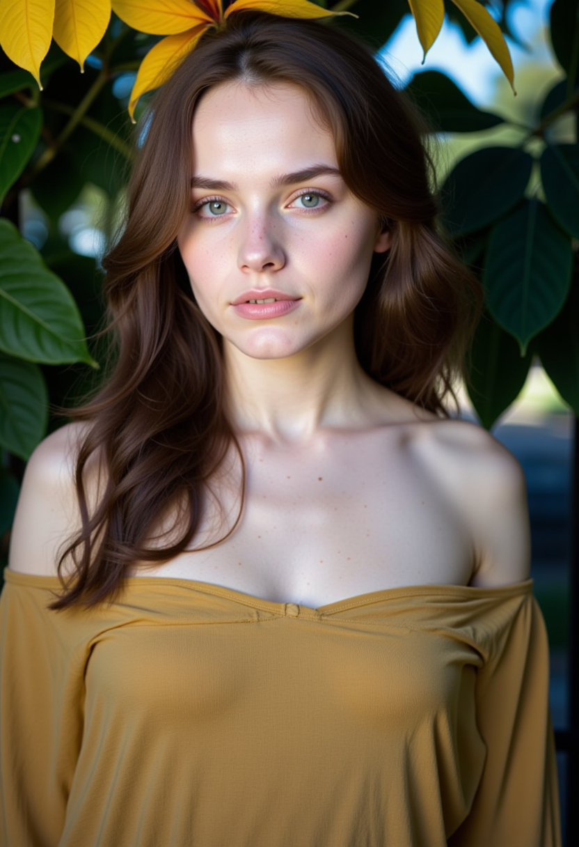 FLUX prompt: A woman with long brunette hair and striking blue ... - FLUX
