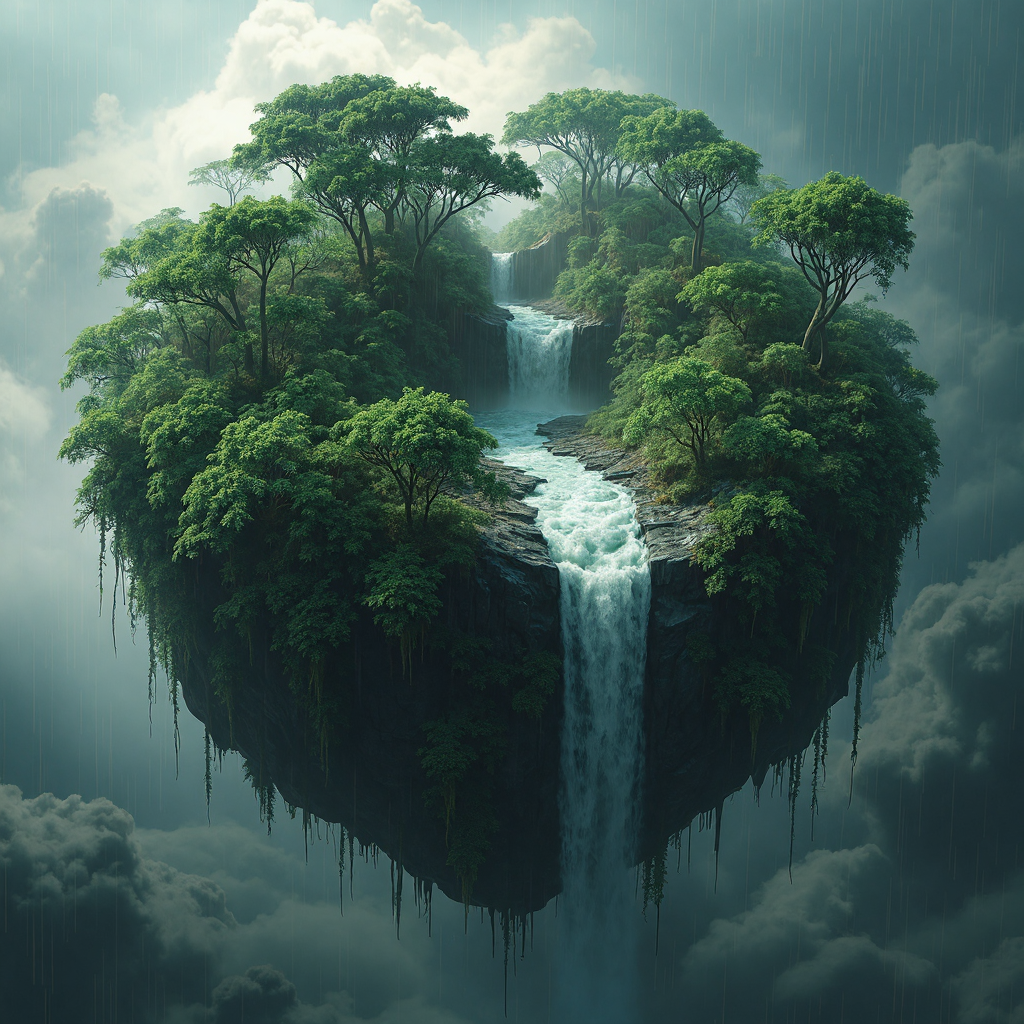 AI generated: FLUX prompt: A floating microplanet reveals a dense jungle, its... (FLUX - Animals & Nature)