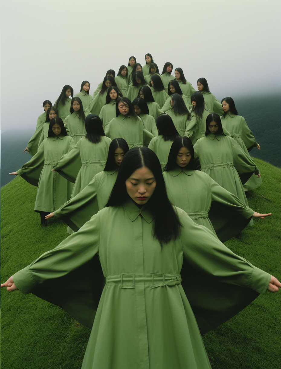AI generated: Midjourney prompt: a group of women standing on top of a lush green h... (Midjourney - Fashion)