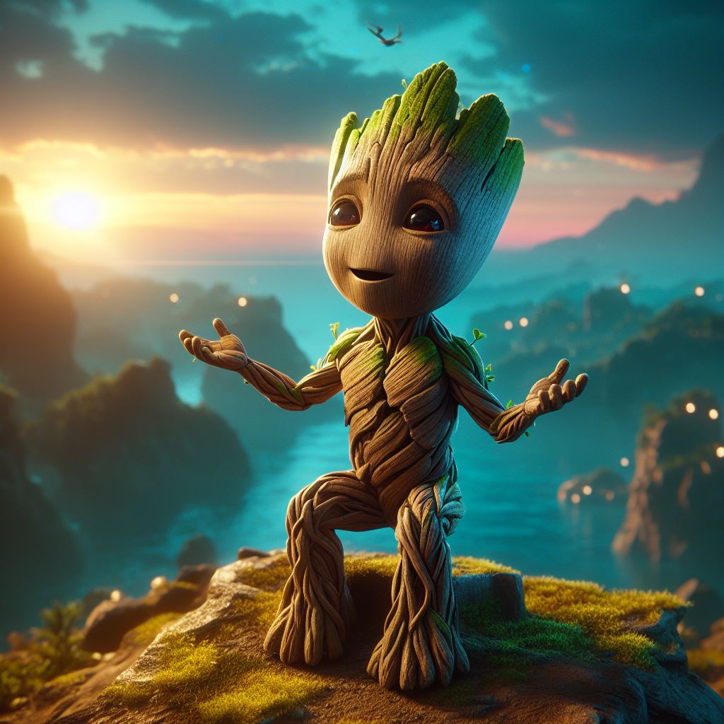 DALL·E prompt: Baby Groot of Marvel, expresando su amor p...