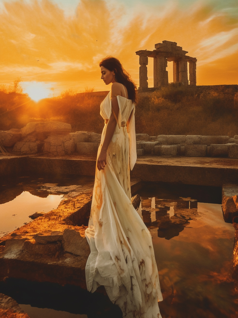AI generated: Midjourney prompt: a woman in a white dress standing on a ledge, look... (Midjourney - Fashion)
