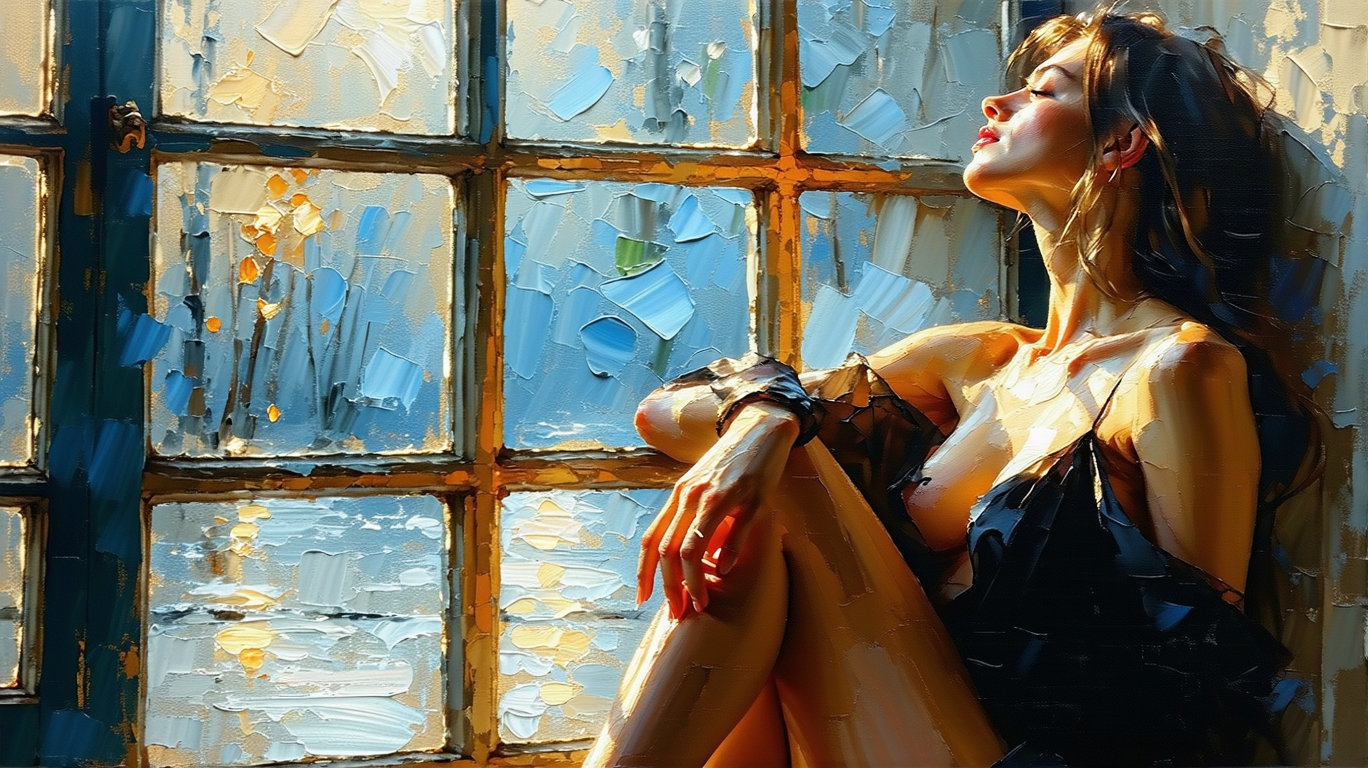 AI generated: Stable Diffusion prompt: a painting of a woman sitting near a window, in th... (Stable Diffusion - Portraits)