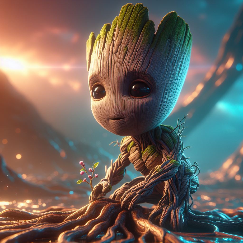 DALL·E prompt: Baby Groot of Marvel, en un escenario de f...