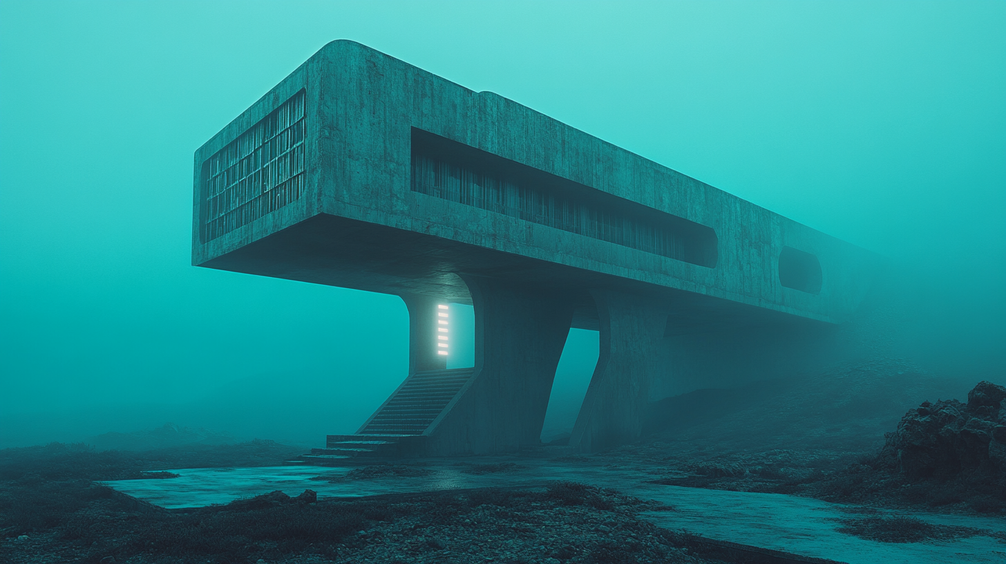 AI generated: Midjourney prompt: brutalism future sci-fi desert cyan lights concret... (Midjourney - Architecture)
