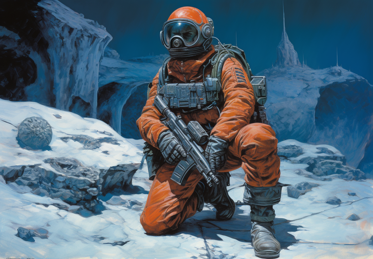 AI generated: Midjourney prompt: A space soldier in the style of John Berkey, on an... (Midjourney - Character Design)