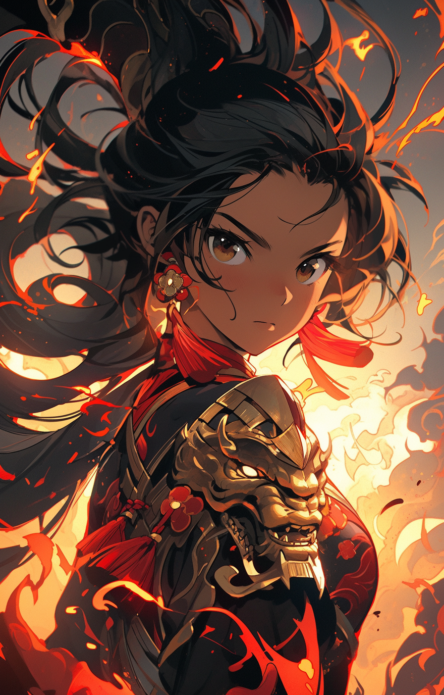 Midjourney prompt: a girl with long dark hair and golden armor is wal... - Midjourney
