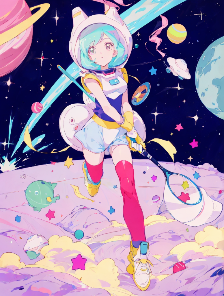 AI generated: MeinaMix prompt: a girl in a space suit holding a tennis racket, an... (MeinaMix - Anime)