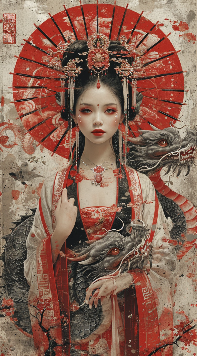 Midjourney prompt: vintage poster of a Chinese woman with a dragon in... - Midjourney