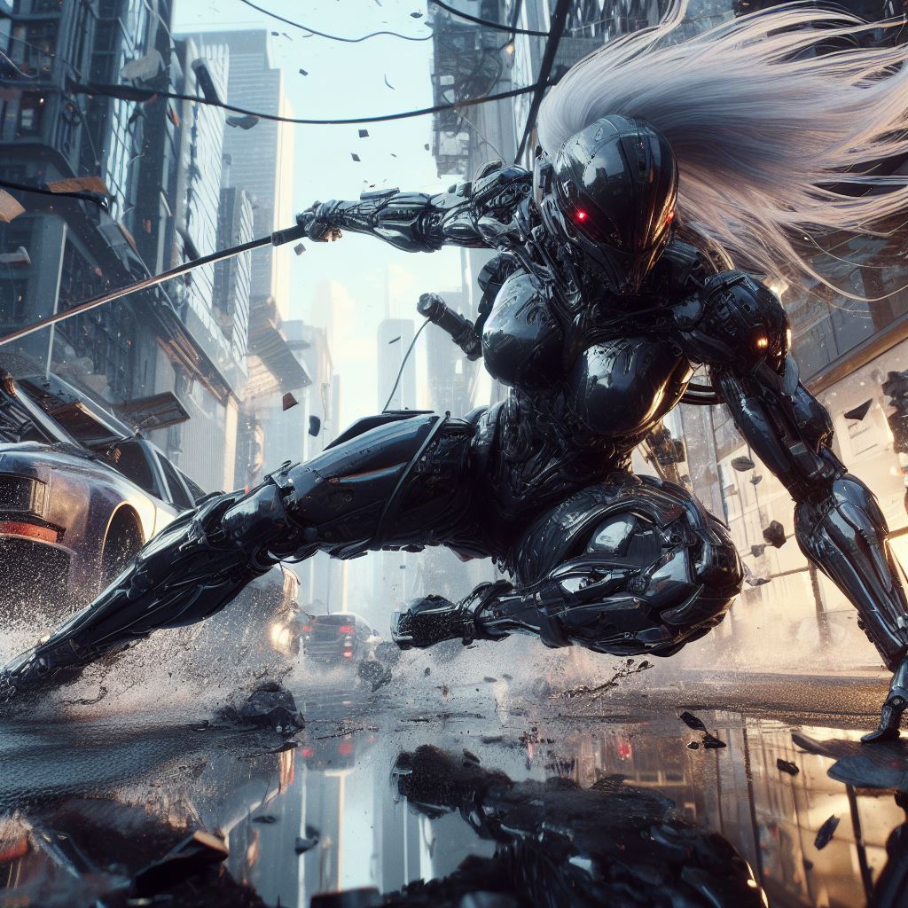 صورة مولدة بالذكاء الاصطناعي: DALL·E prompt: urbanpunk, low angle shot, a mech pretty female cy... (نموذج DALL·E - Character Design)