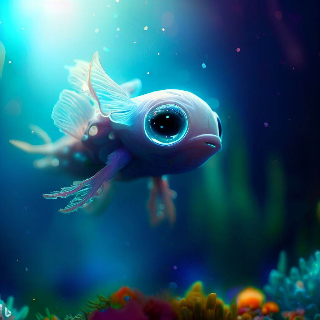 DALL-E prompt: photo of an extremely cute alien fish swim...