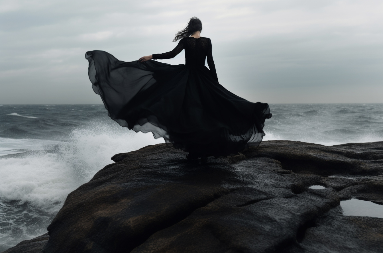 AI generated: Midjourney prompt: a woman in a black dress standing on rocks near th... (Midjourney - Fashion)