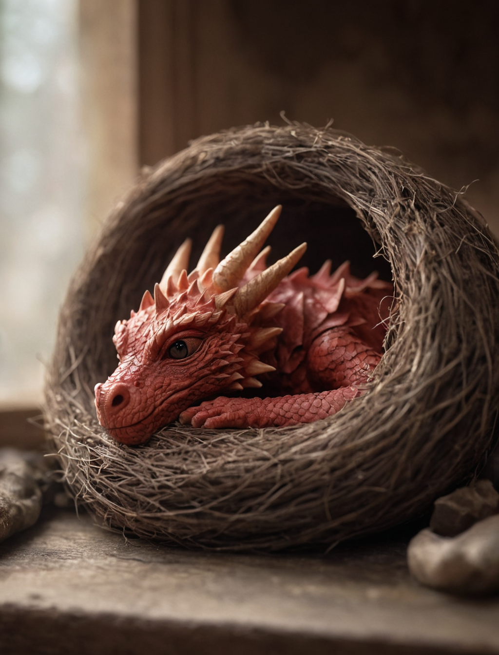 AI generated: Stable Diffusion prompt: photorealistic, lotr, A tiny red dragon curled up ... (Stable Diffusion - Photography)