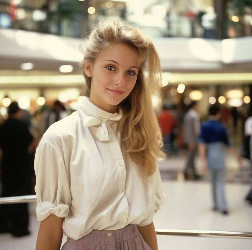 AI generated: Midjourney prompt: Beautiful blonde girl in 1985 wearing side ponytai... (Midjourney - Portraits)