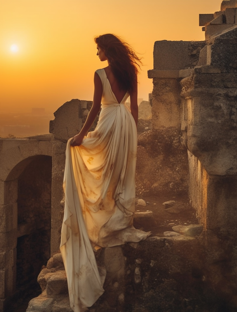 Midjourney prompt: a woman in a white dress standing on a ledge, look... - Midjourney