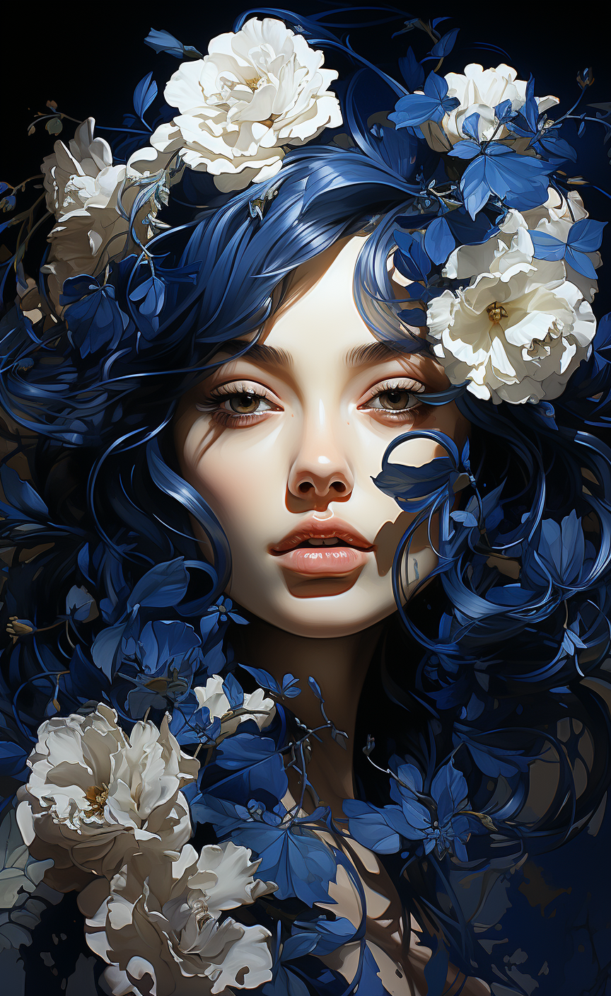 AI generated: Midjourney prompt: a beautiful picture of a girl with blue flowers on... (Midjourney - Portraits)