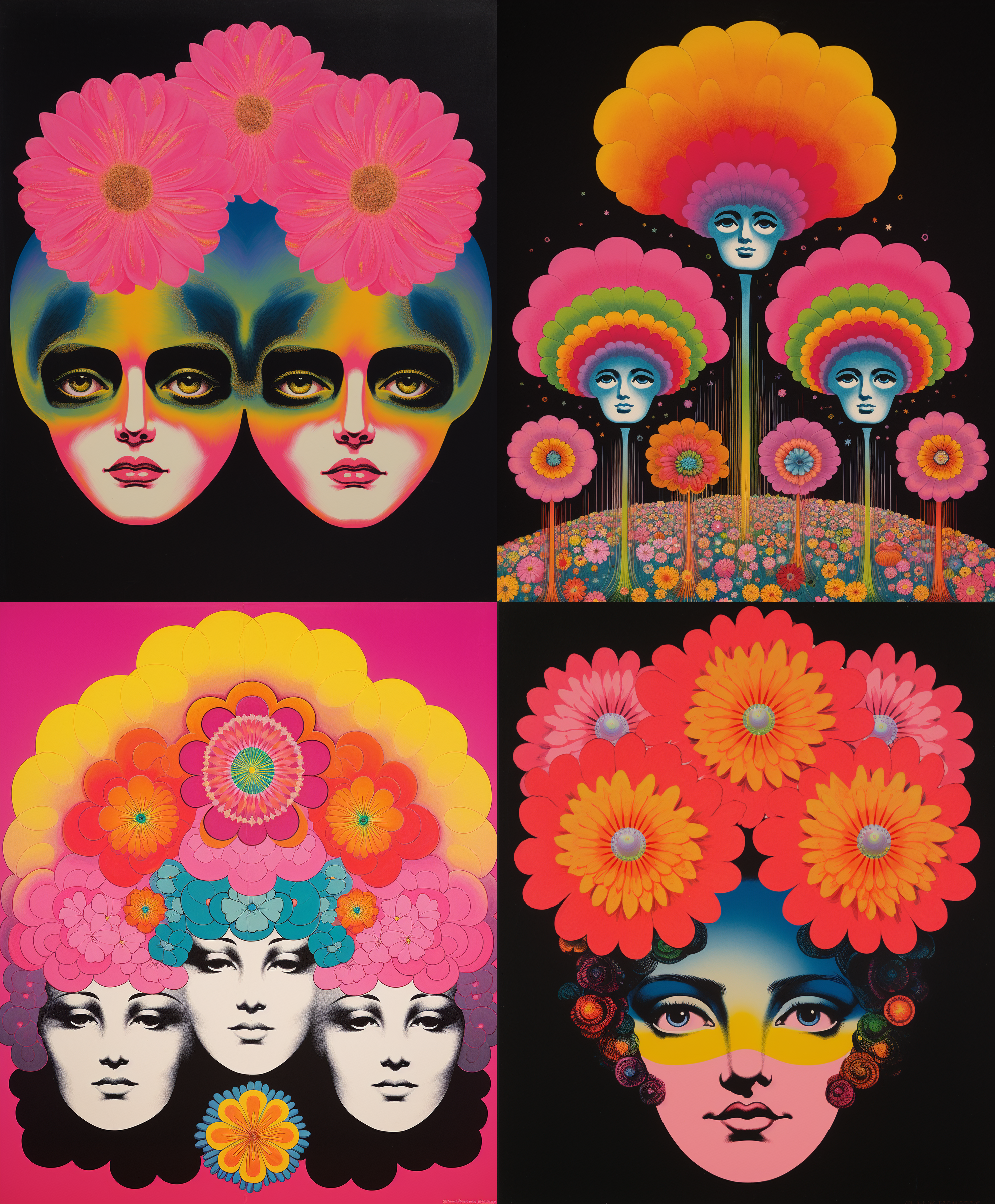 صورة مولدة بالذكاء الاصطناعي: Midjourney prompt: A pink flower in the middle of three human heads o... (نموذج Midjourney - فن مفاهيمي)