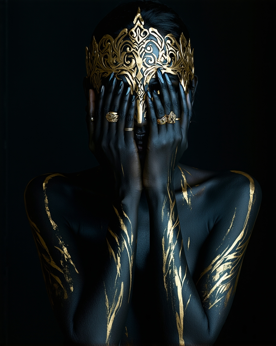 AI generated: Stable Diffusion prompt: A person with black body paint and golden details ... (Stable Diffusion - Portraits)