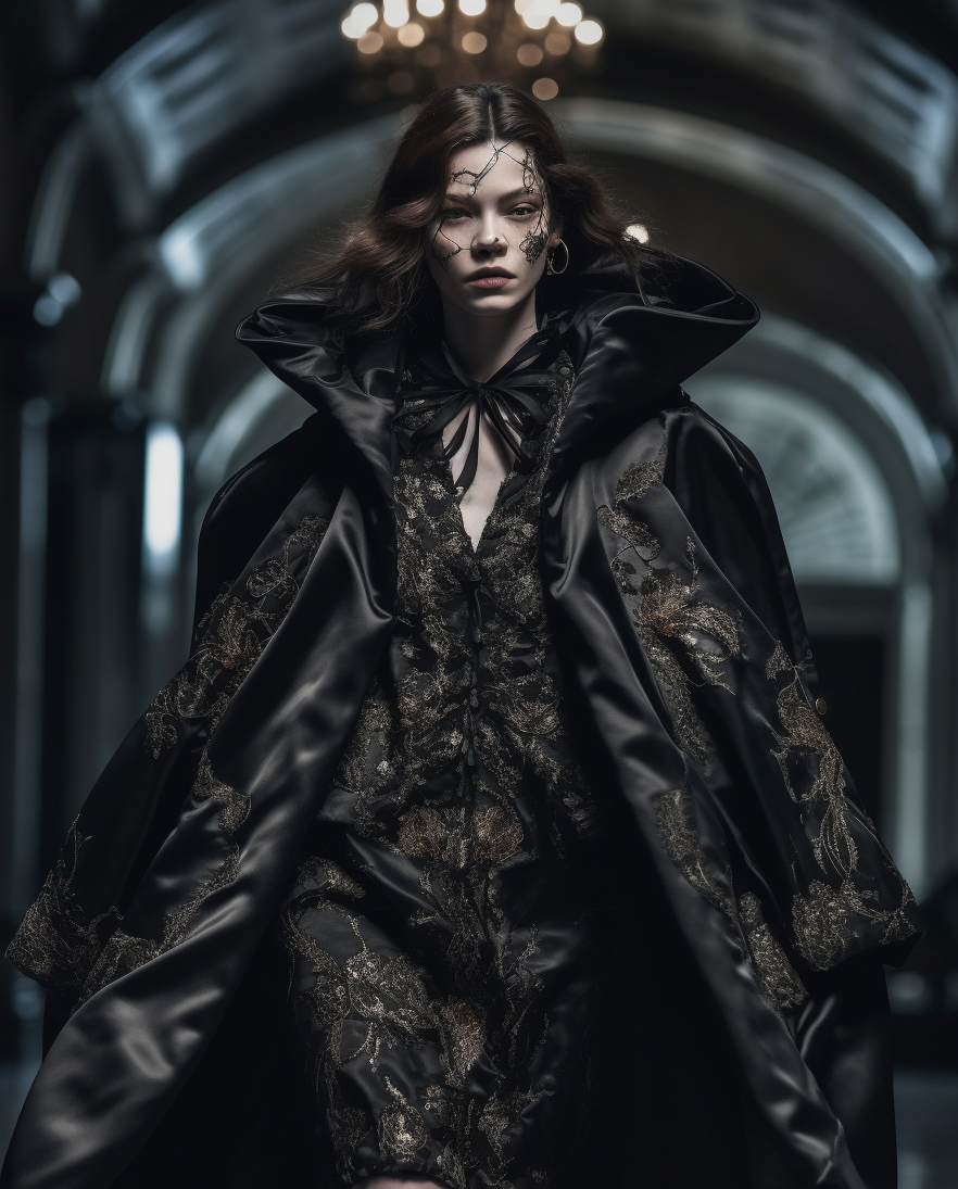 Midjourney prompt: a woman walking down a runway wearing a black coat... - Midjourney