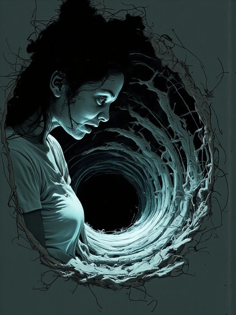 AI generated: FLUX prompt: A terrified woman stares downward at a void in the... (FLUX - Character Design)
