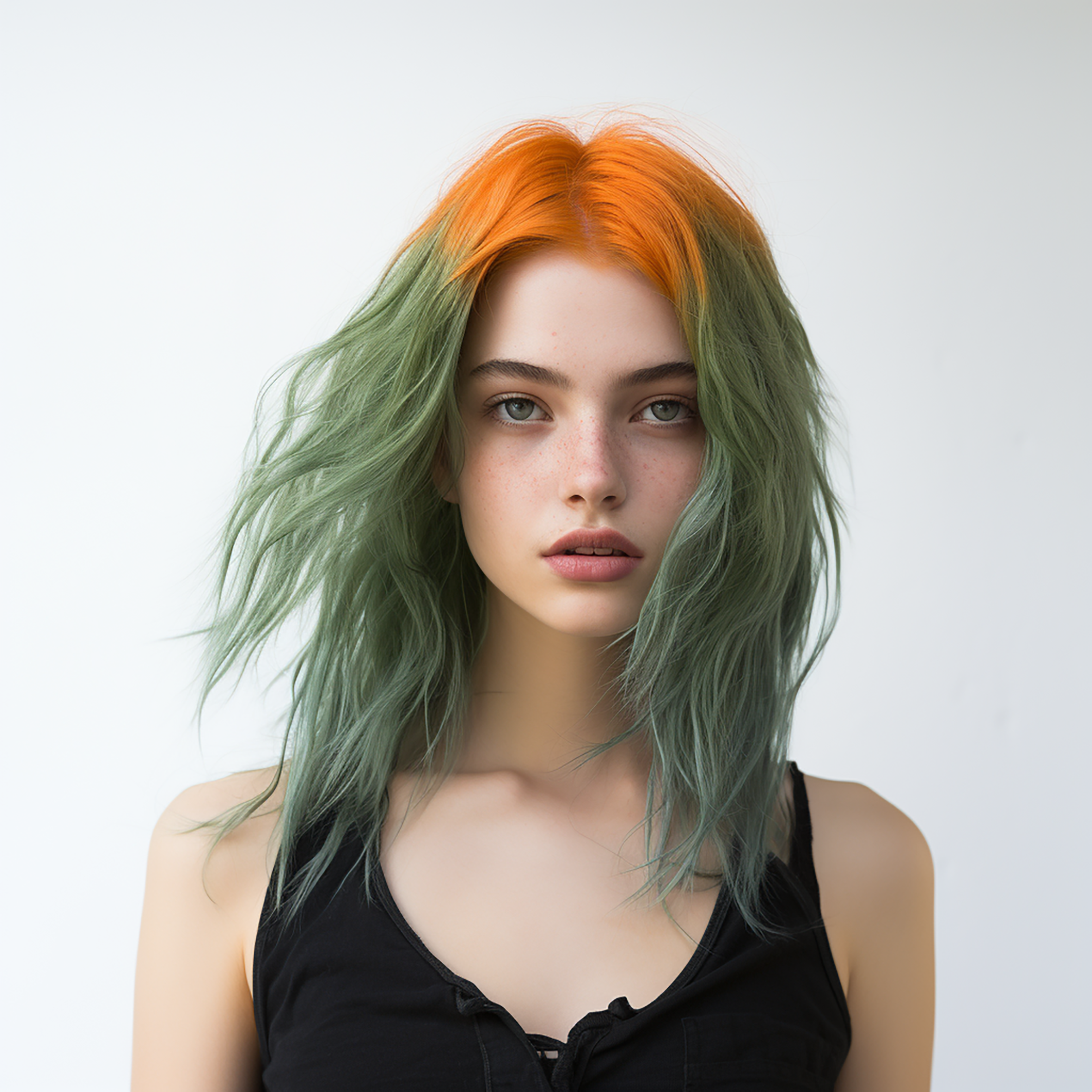 صورة مولدة بالذكاء الاصطناعي: Midjourney prompt: photograph of a teenage woman with green hair and... (نموذج Midjourney - صور شخصية)