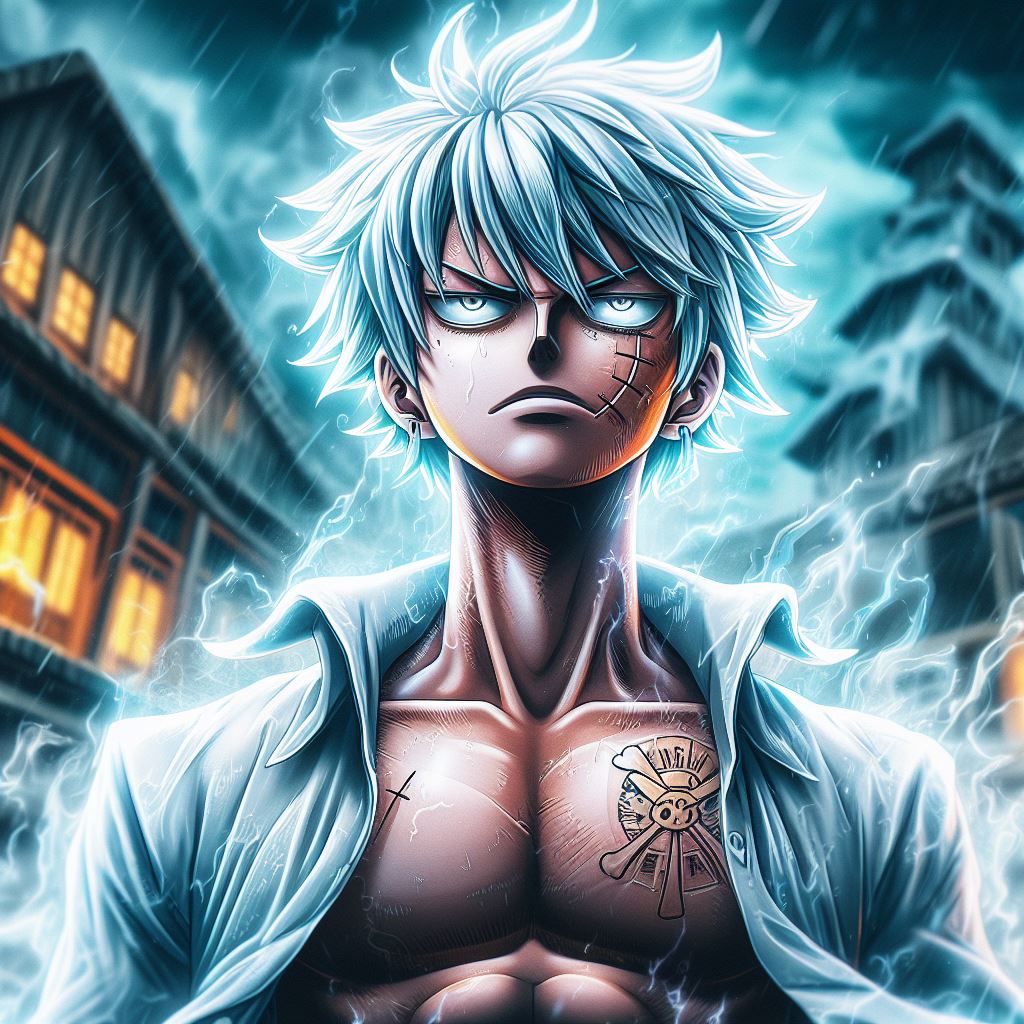 AI generated: DALL·E prompt: a badass Luffy with shiny white hair and white aur... (DALL·E - Concept Art)