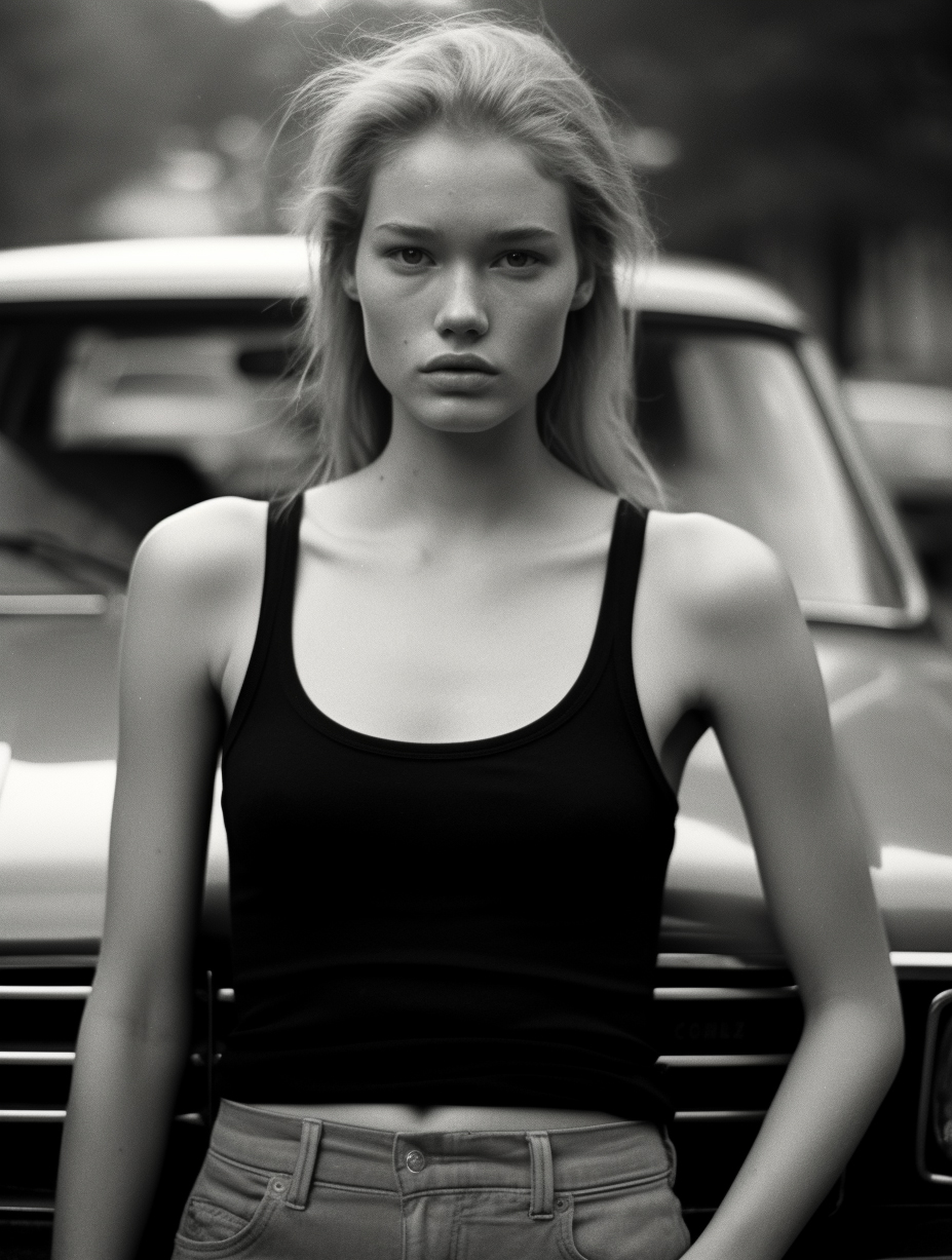 Midjourney prompt: a black and white photo of a woman in a tank top, ... - Midjourney