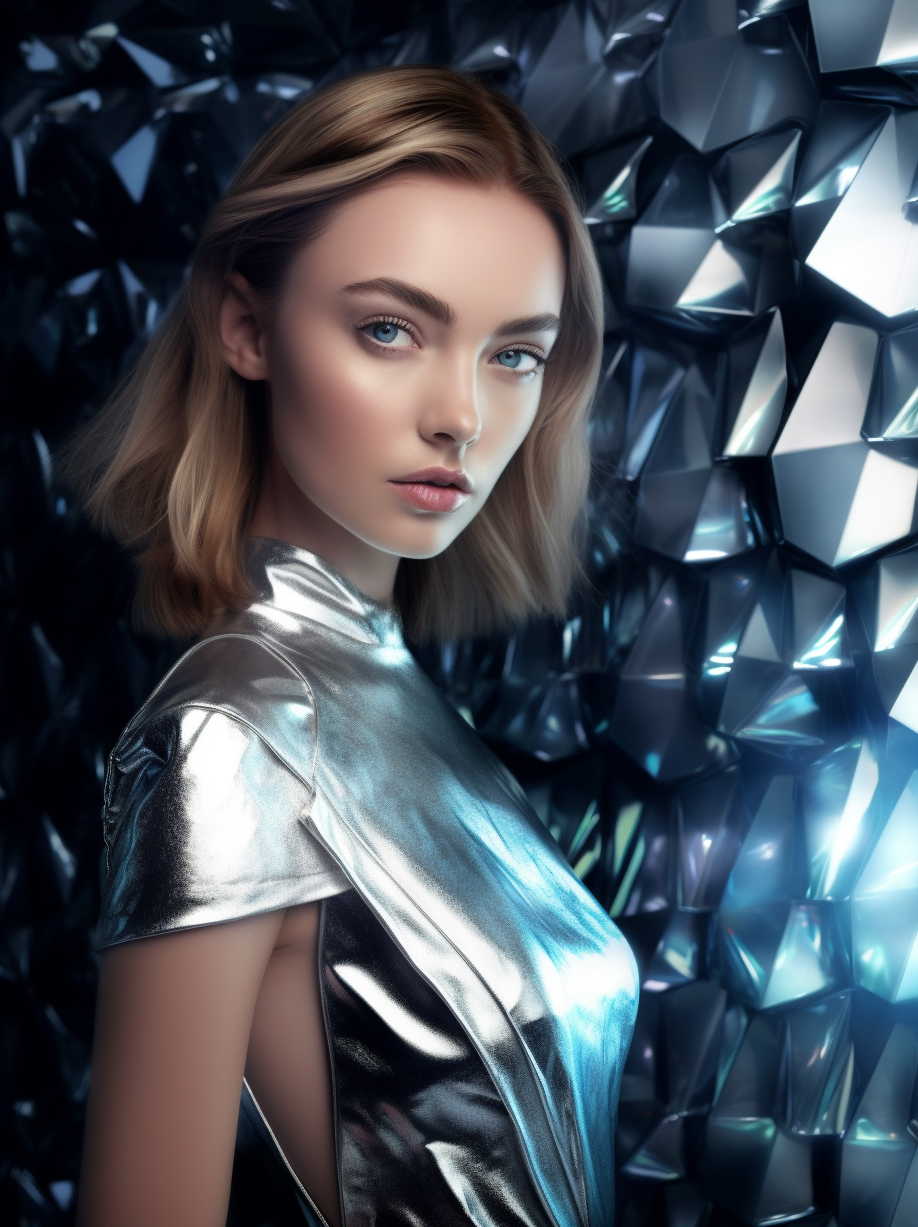 AI generated: Midjourney prompt: a woman in a silver dress posing for a picture, tr... (Midjourney - Fashion)