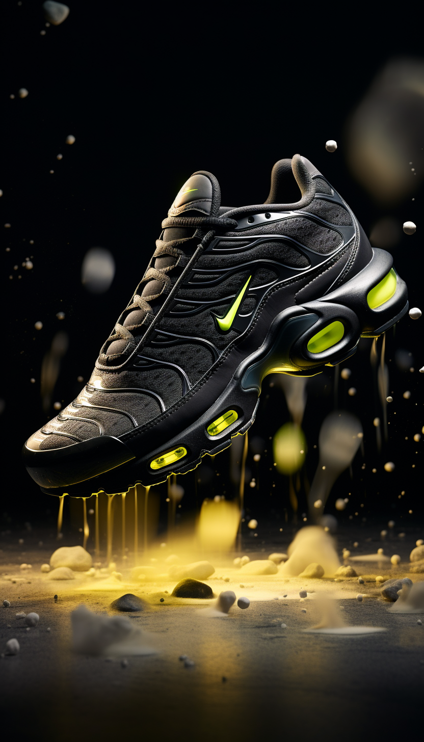 AI generated: Midjourney prompt: amazing ad for air max plus black with bright phos... (Midjourney - Fashion)