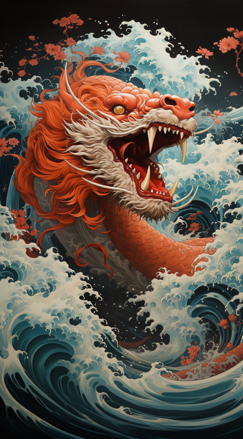 AI generated: Midjourney prompt: red dragon in the waves art print, in the style of... (Midjourney - Concept Art)