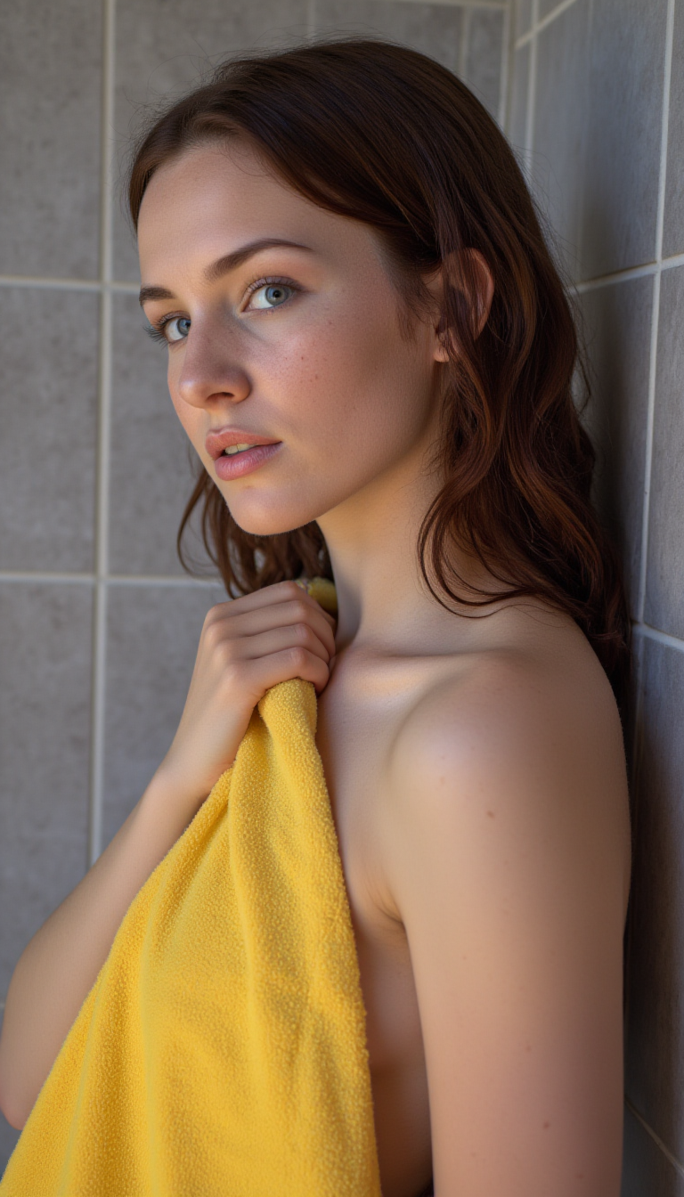 AI generated: FLUX prompt: A woman, from the side, with wet dark auburn hair,... (FLUX - Photography)