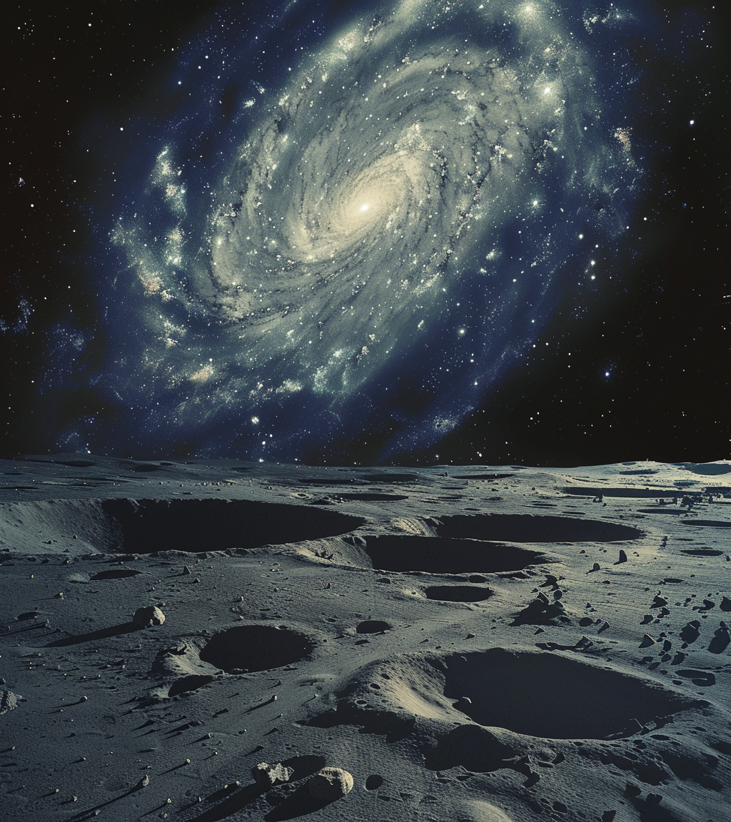 صورة مولدة بالذكاء الاصطناعي: Midjourney prompt: A galaxy spirals in the sky over an empty lunar su... (نموذج Midjourney - مناظر طبيعية)