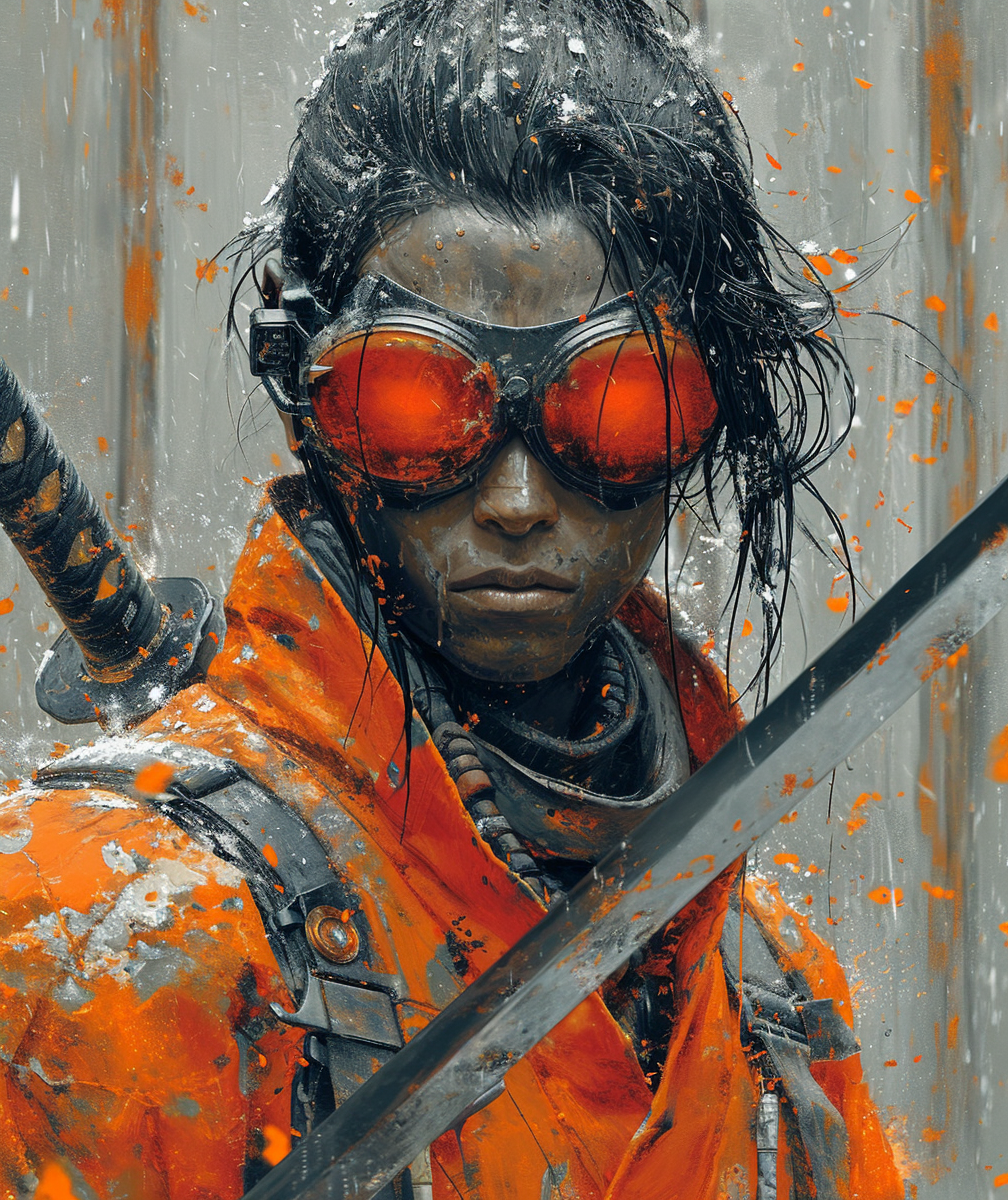 AI generated: Midjourney prompt: a black and orange comic book character with a swo... (Midjourney - Character Design)
