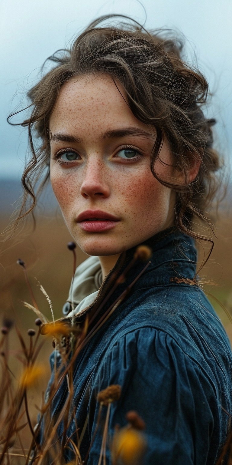 Midjourney prompt: the woman in the field is dressed for the camera, ... - Midjourney
