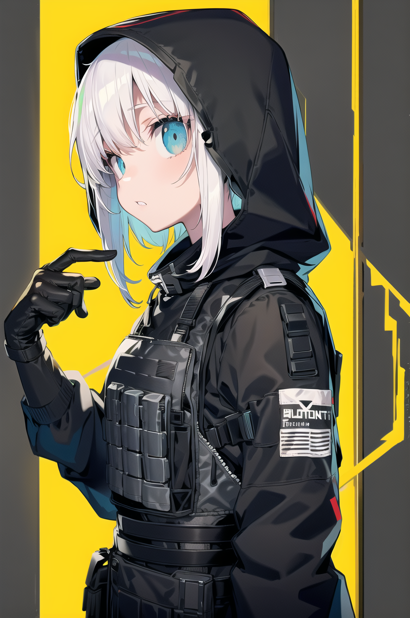AI generated: Stable Diffusion prompt: bulletproof vest, techwear, hoodie, looking at vie (Stable Diffusion - Anime)