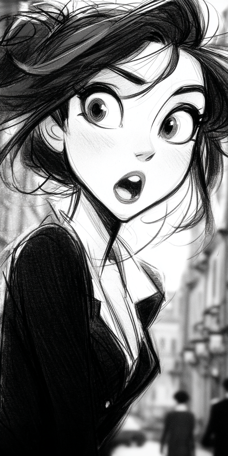 Midjourney prompt: woman, black and white sketch, exaggerated facial ... - Midjourney