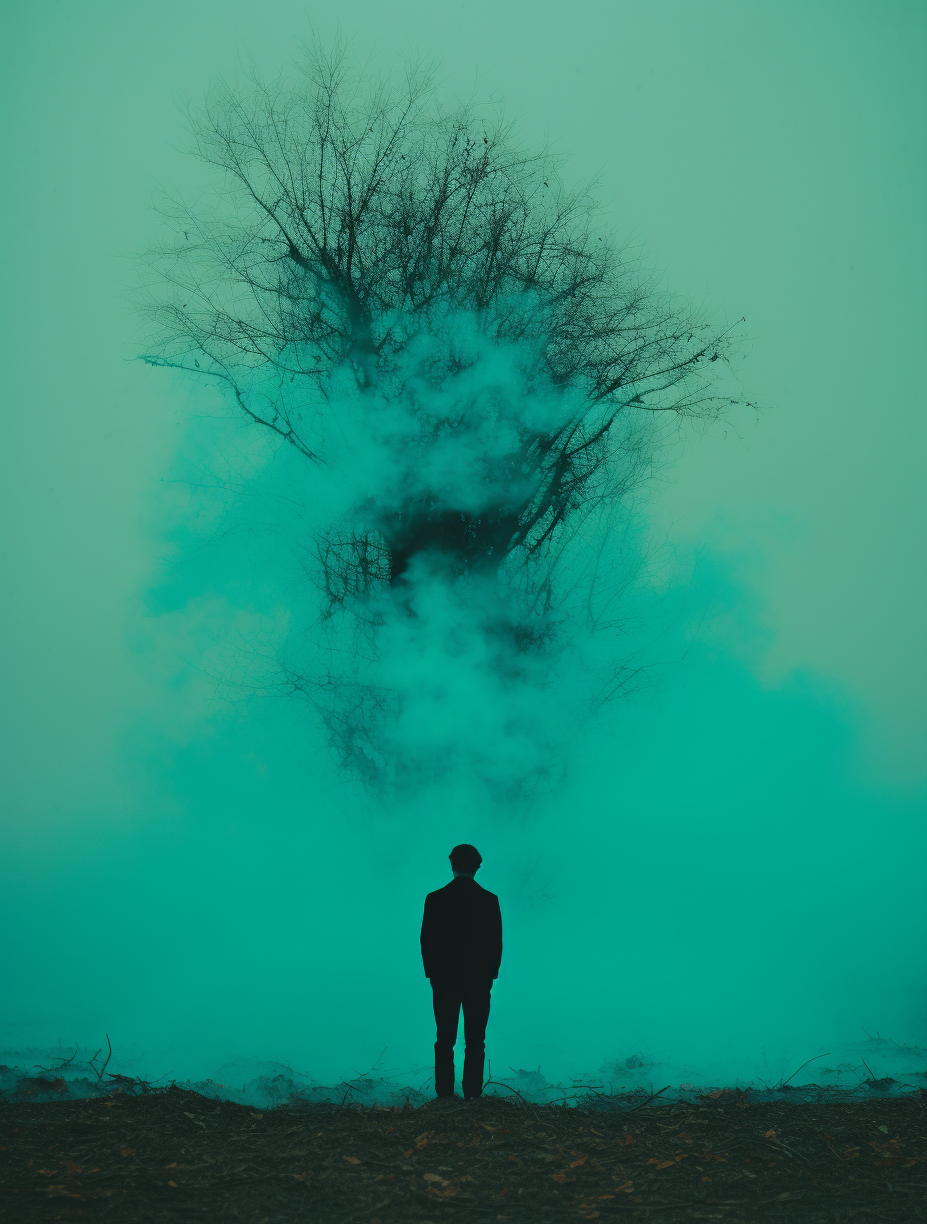 AI generated: Midjourney prompt: a silhouette of a man standing in front of a tree,... (Midjourney - Photography)