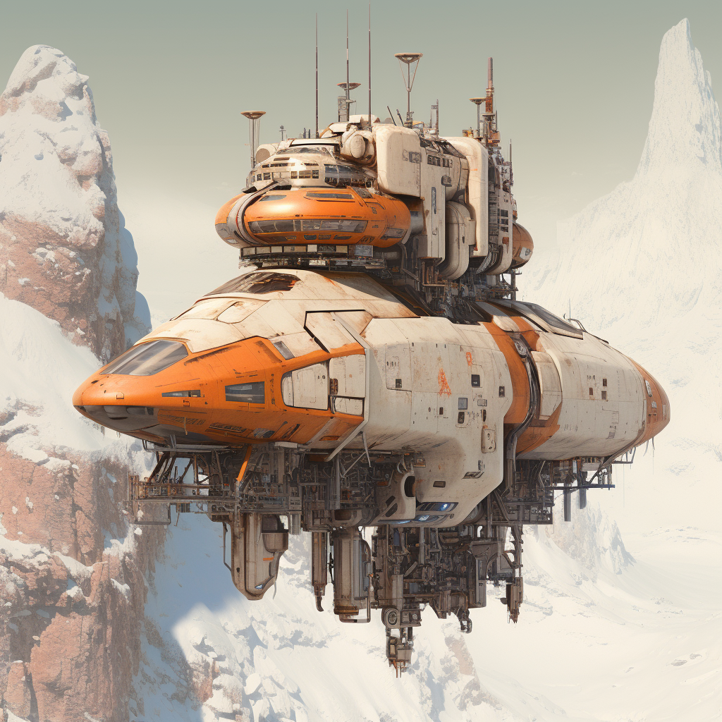 Midjourney prompt: futuristic spaceship floating in snow and ice, ora... - Midjourney