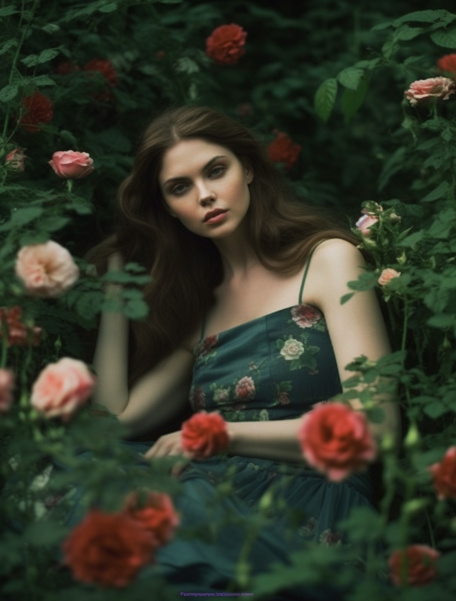 AI generated: Midjourney prompt: a woman sitting in front of a bush of flowers, tum... (Midjourney - Photography)