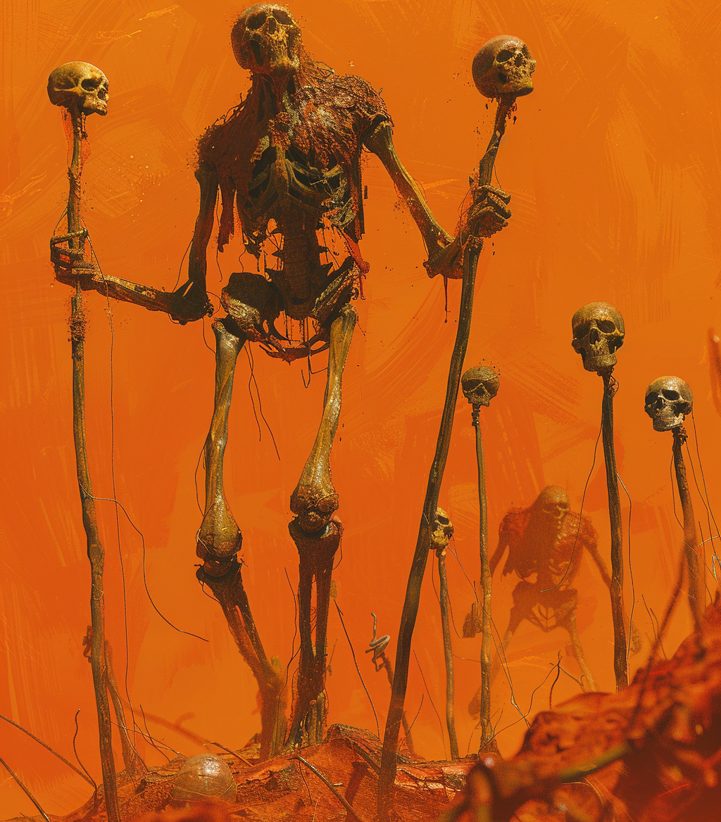 AI generated: Midjourney prompt: A zombie walking on long sticks with skulls at the... (Midjourney - Character Design)