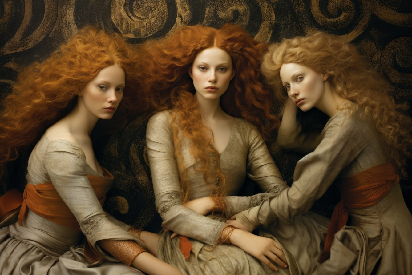 AI generated: Midjourney prompt: a group of women sitting next to each other, by An... (Midjourney - Fashion)