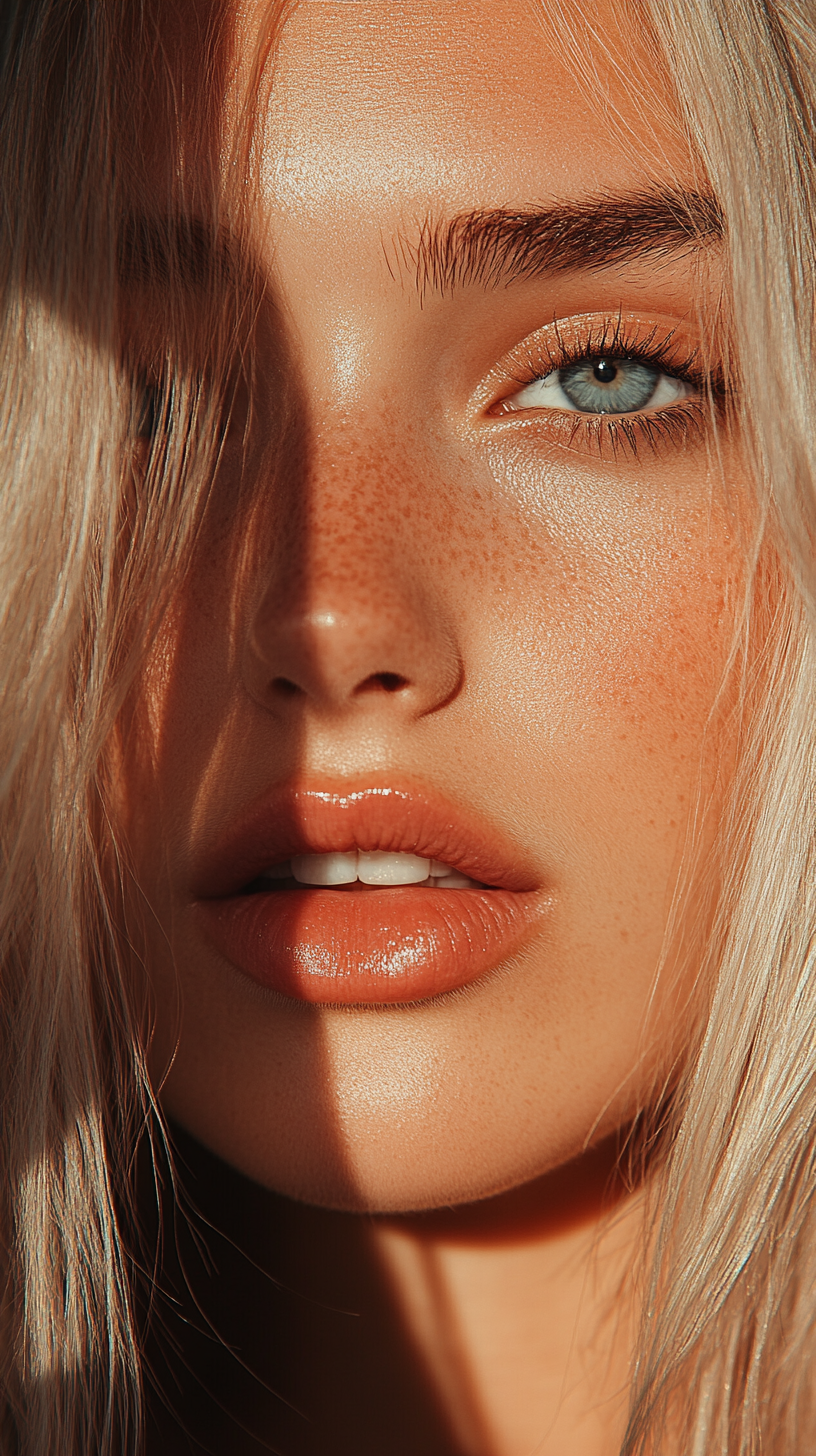 صورة مولدة بالذكاء الاصطناعي: Midjourney prompt: a blonde woman with blue eyes, in the style of nat... (نموذج Midjourney - تصوير فوتوغرافي)