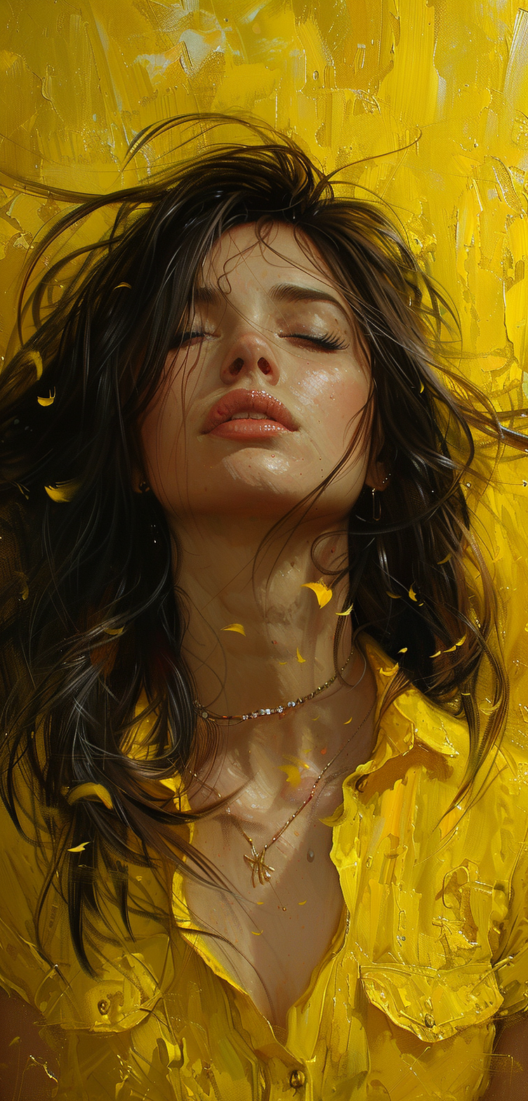 AI generated: Midjourney prompt: oil painting, wind blowing a woman's hair, in the ... (Midjourney - Portraits)