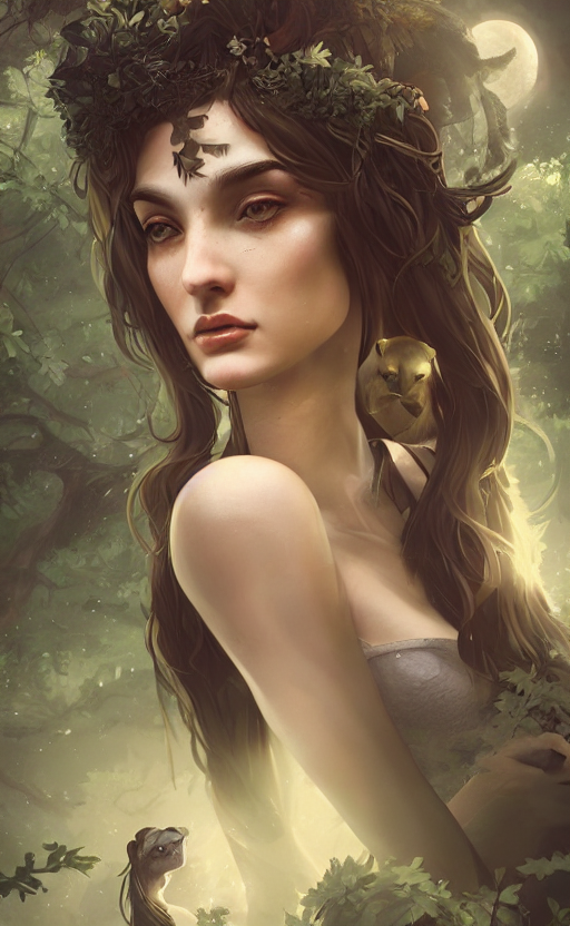 Stable Diffusion prompt: Greek Goddess Artemis in moonlit...