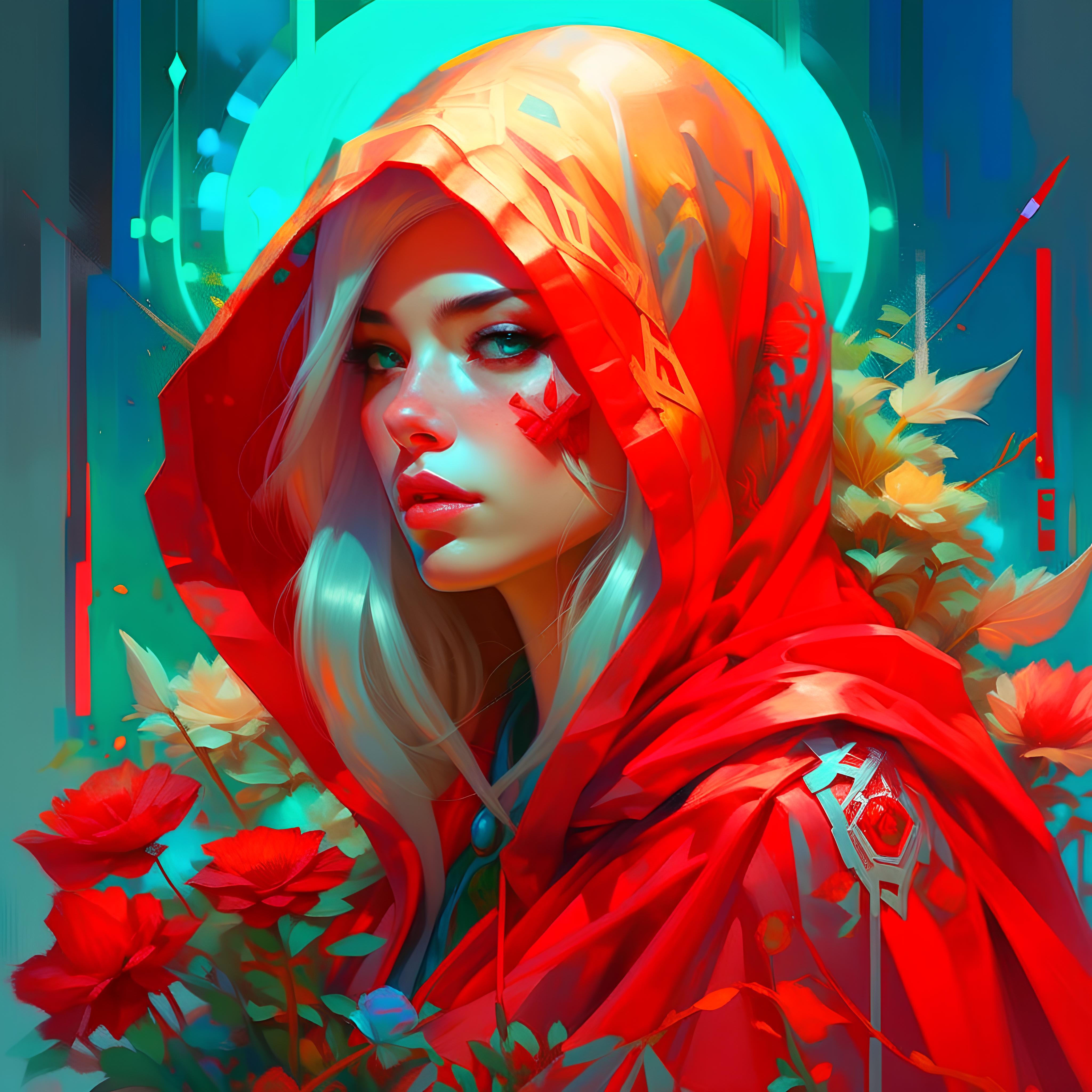 Midjourney prompt: a woman with white hair wearing a red hood, a digi... - Midjourney