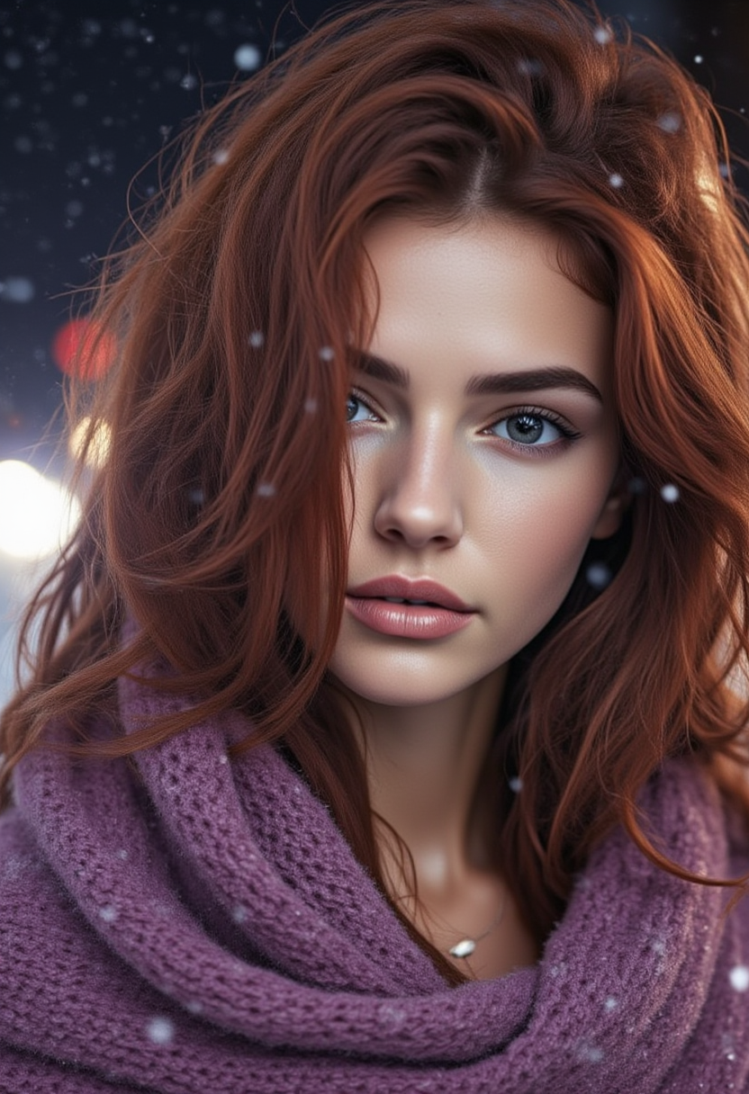 FLUX prompt: A woman with long, wavy dark auburn hair, one eye ... - FLUX